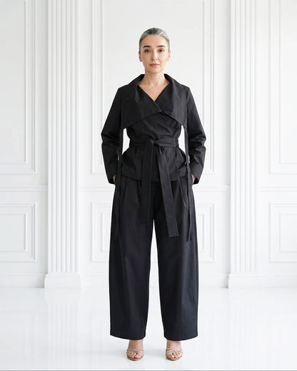 BLACK, COTTON SET WITH FUNCTIONAL COLLAR (2-PIECE PANTS/SHIRT SET)
