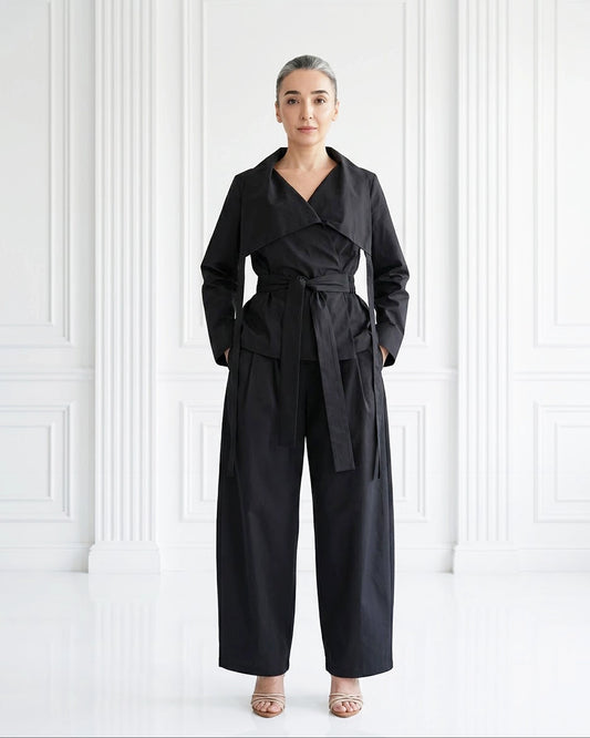 BLACK, COTTON SET WITH FUNCTIONAL COLLAR (2-PIECE PANTS/SHIRT SET)