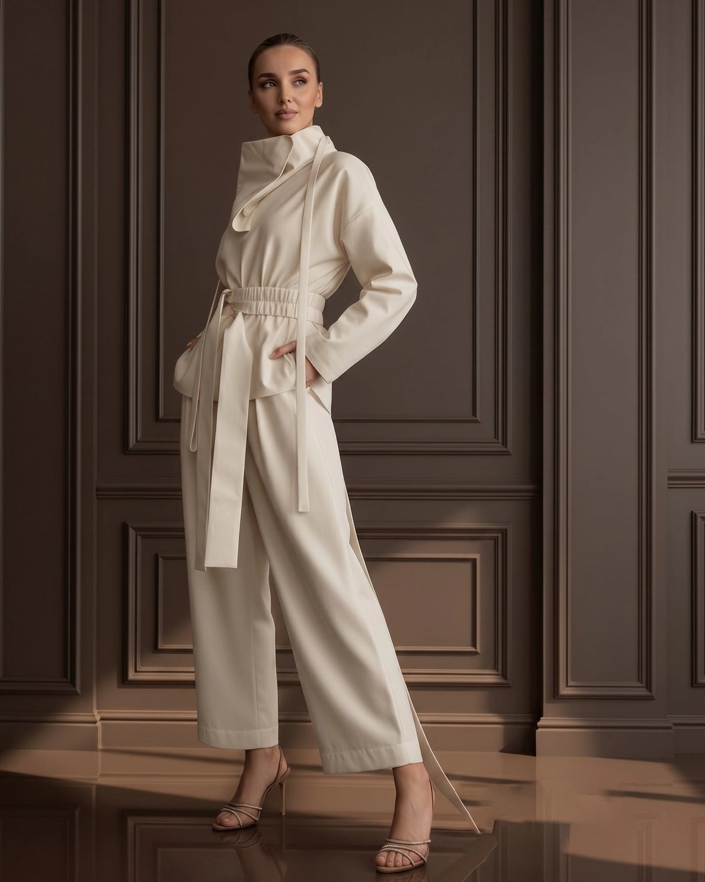 Burcu Aslan TOTAL OUTFIT BONE, COTTON SET WITH FUNCTIONAL COLLAR (2-PIECE PANTS/SHIRT SET)