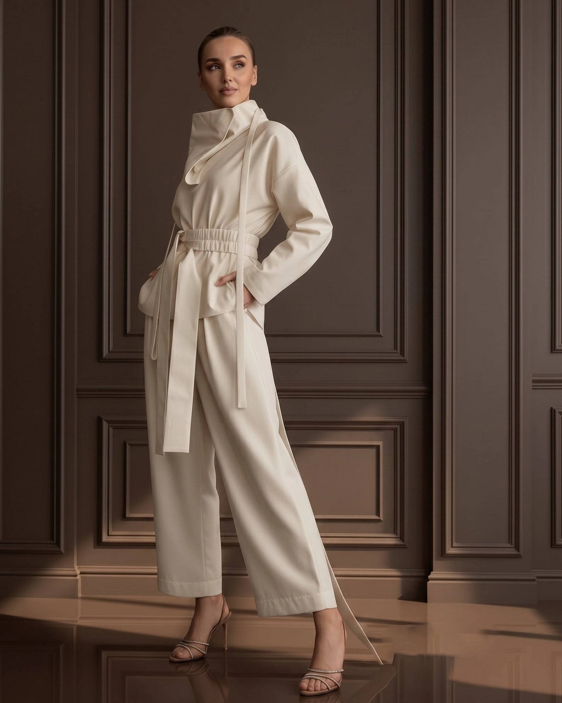 Burcu Aslan TOTAL OUTFIT BONE, COTTON SET WITH FUNCTIONAL COLLAR (2-PIECE PANTS/SHIRT SET)