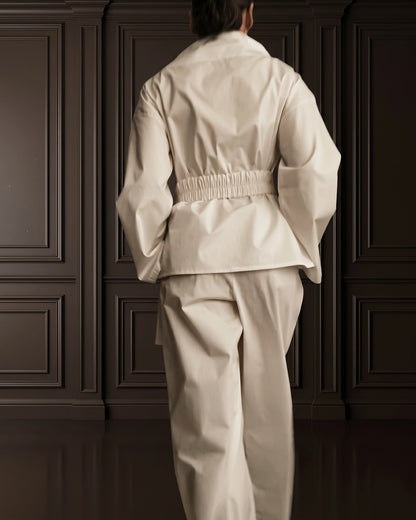 Burcu Aslan TOTAL OUTFIT BONE, COTTON SET WITH FUNCTIONAL COLLAR (2-PIECE PANTS/SHIRT SET)