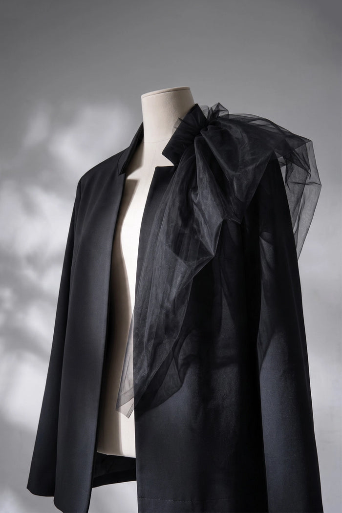 BATU LIGHTWEIGHT OVERSIZED BLACK JACKET WITH TULLE DETAIL ON ONE SHOULDER