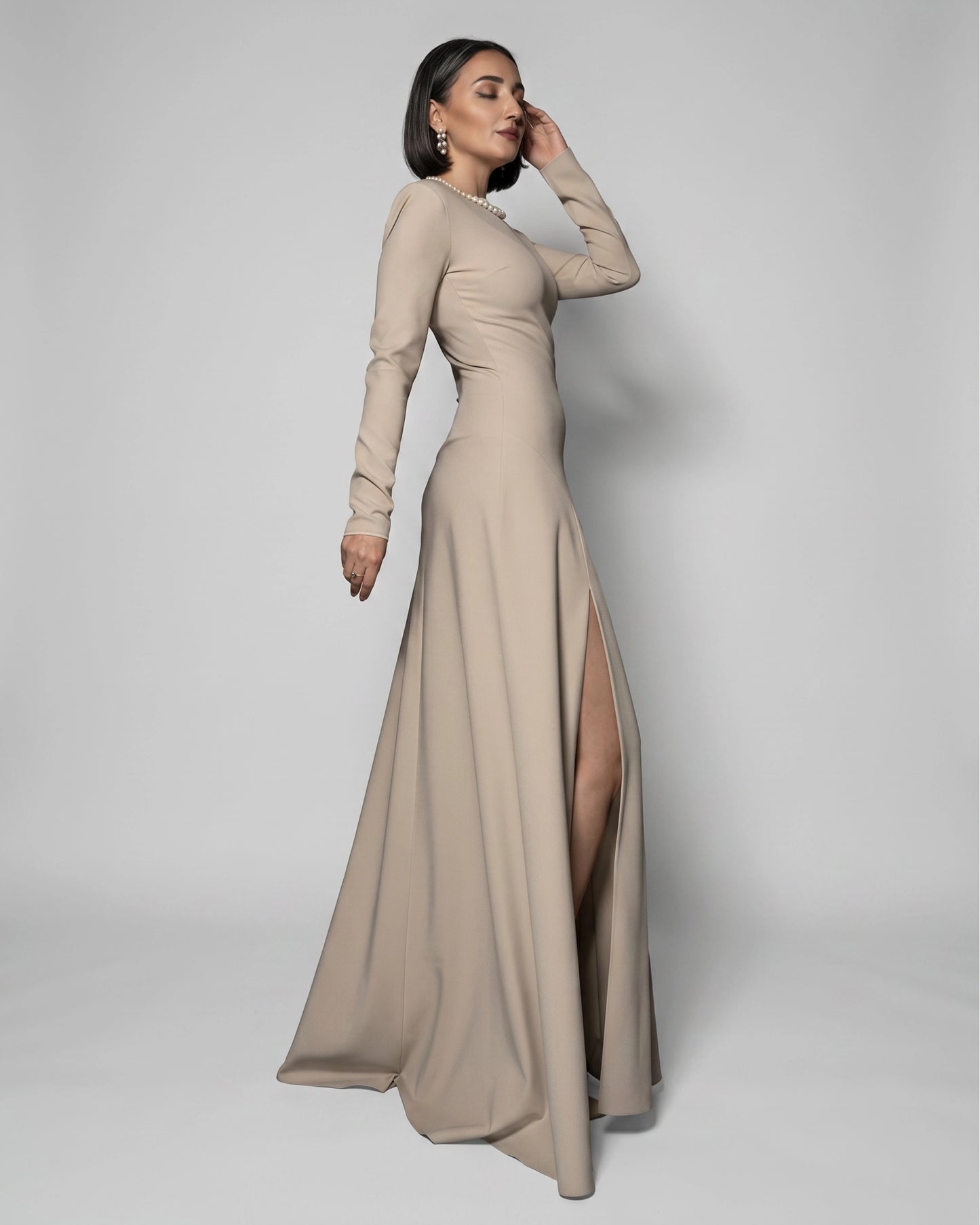 Burcu Aslan Dress SEBE SAND BEIGE DEEP LEG SLIT DRESS