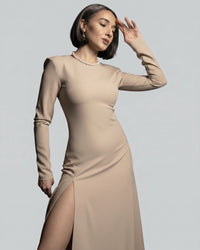 Burcu Aslan Dress SEBE SAND BEIGE DEEP LEG SLIT DRESS