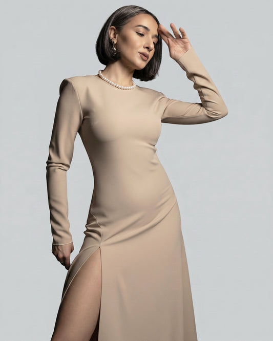 Burcu Aslan Dress SEBE SAND BEIGE DEEP LEG SLIT DRESS