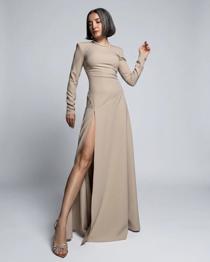 Burcu Aslan Dress SEBE SAND BEIGE DEEP LEG SLIT DRESS