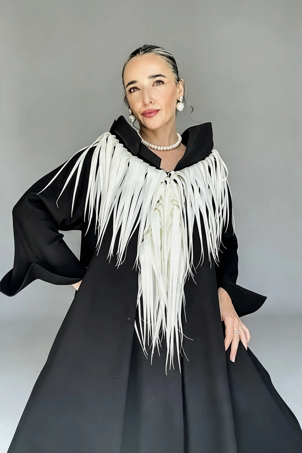 SANURA FRINGED AVANTGARDE COLLAR CAFTAN DRESS