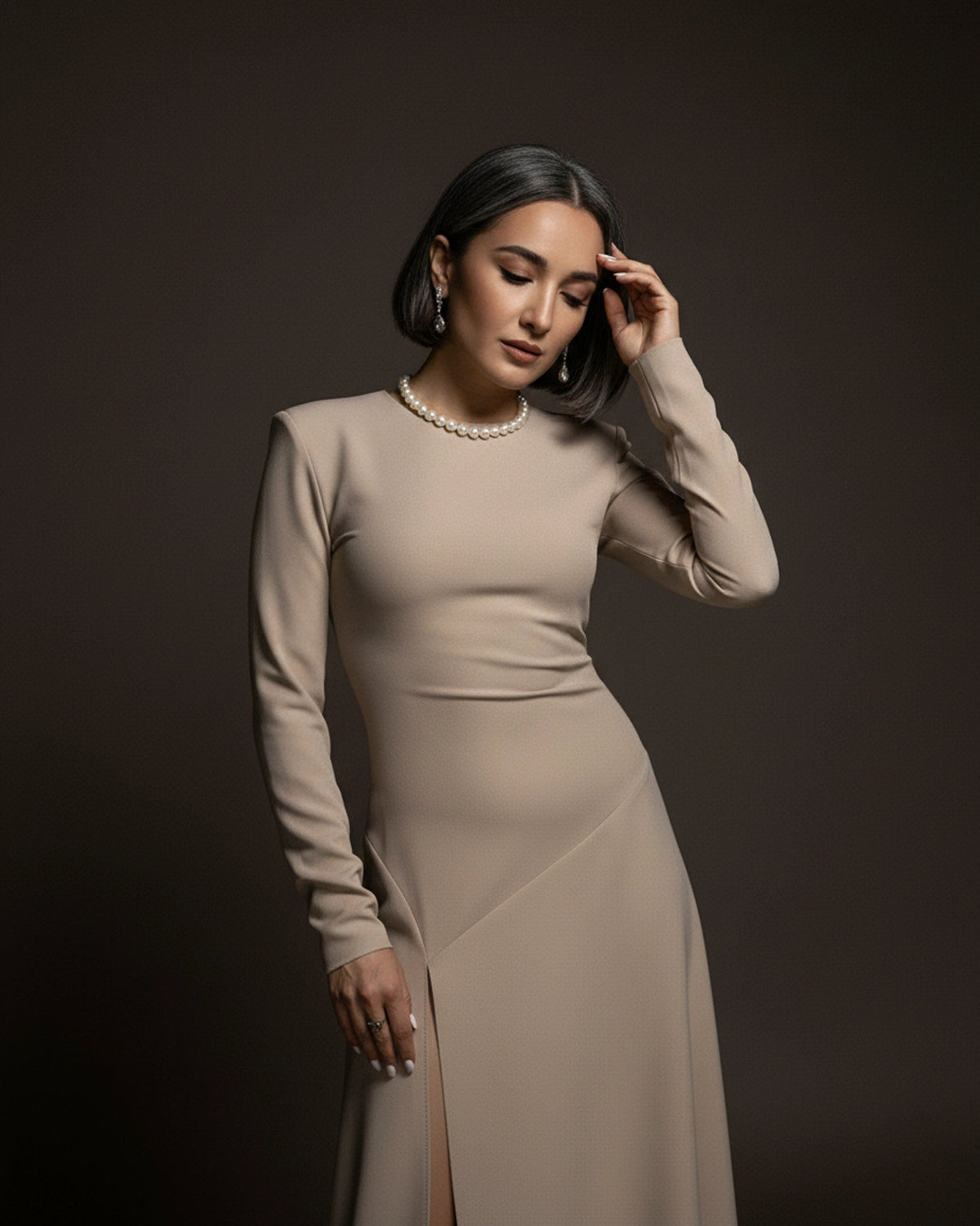 Burcu Aslan Dress SEBE SAND BEIGE DEEP LEG SLIT DRESS