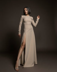 Burcu Aslan Dress SEBE SAND BEIGE DEEP LEG SLIT DRESS