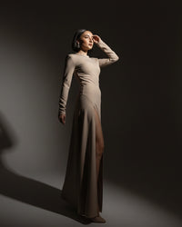 Burcu Aslan Dress SEBE SAND BEIGE DEEP LEG SLIT DRESS