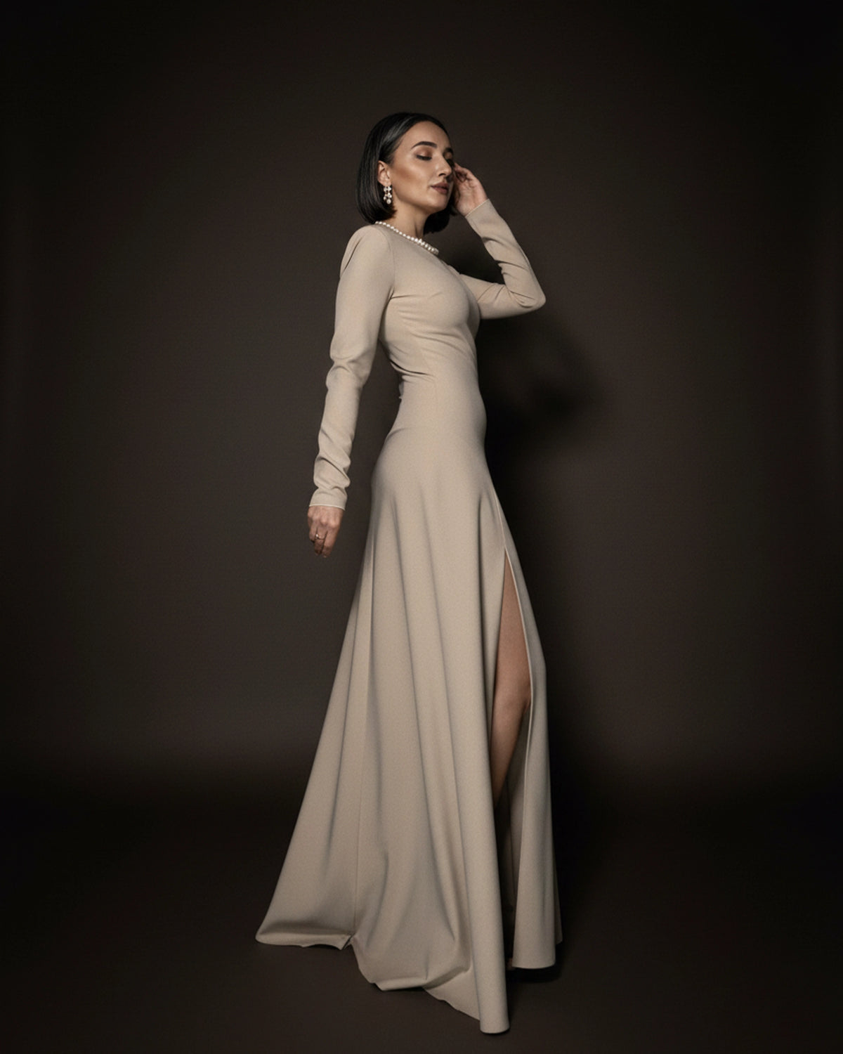 Burcu Aslan Dress SEBE SAND BEIGE DEEP LEG SLIT DRESS