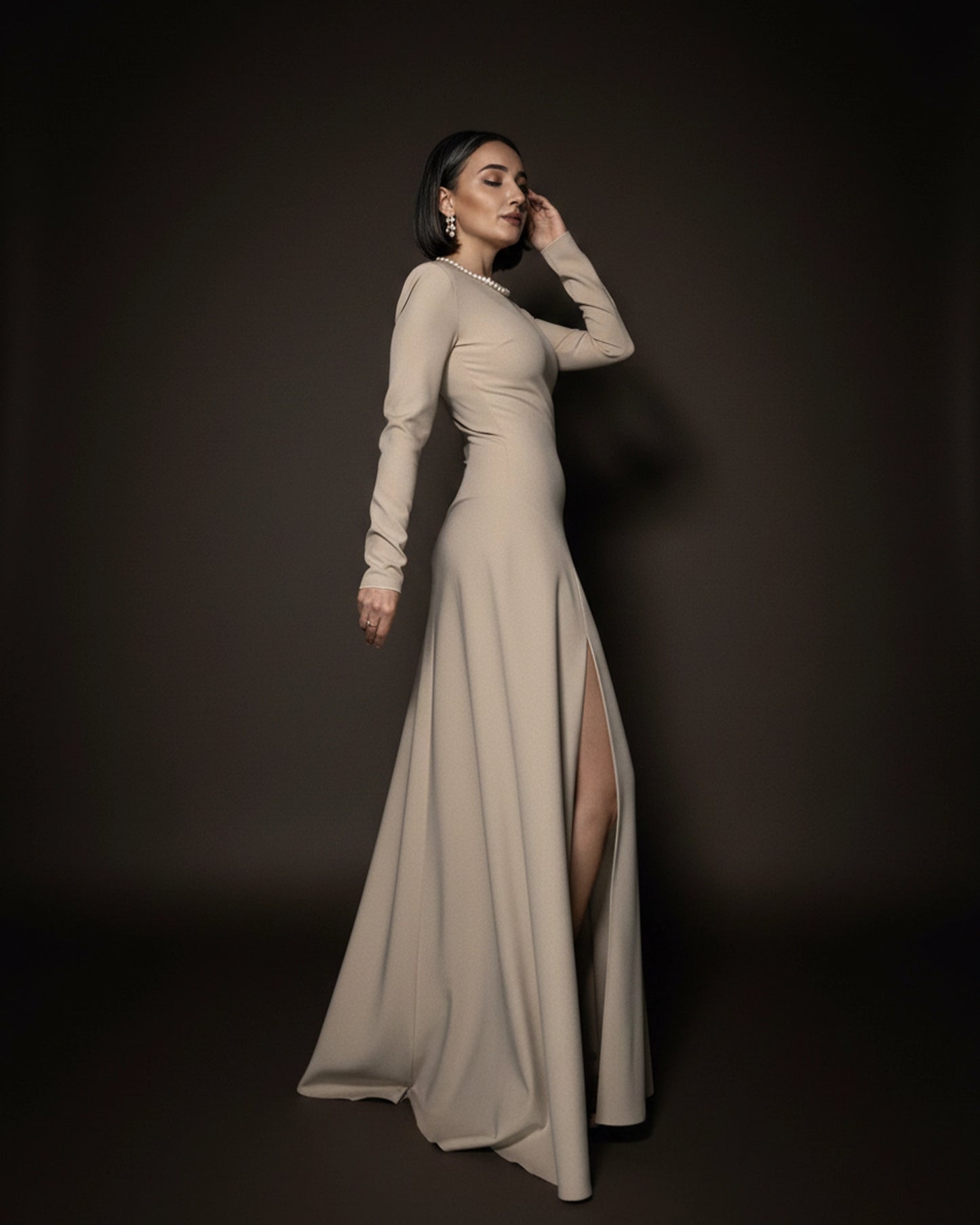 Burcu Aslan Dress SEBE SAND BEIGE DEEP LEG SLIT DRESS