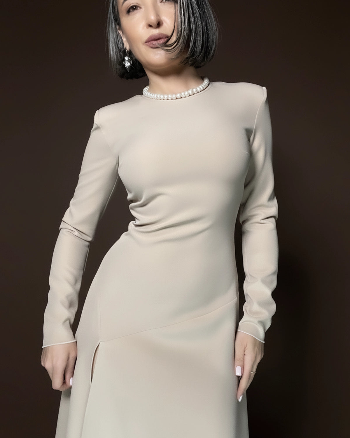 Burcu Aslan Dress SEBE SAND BEIGE DEEP LEG SLIT DRESS