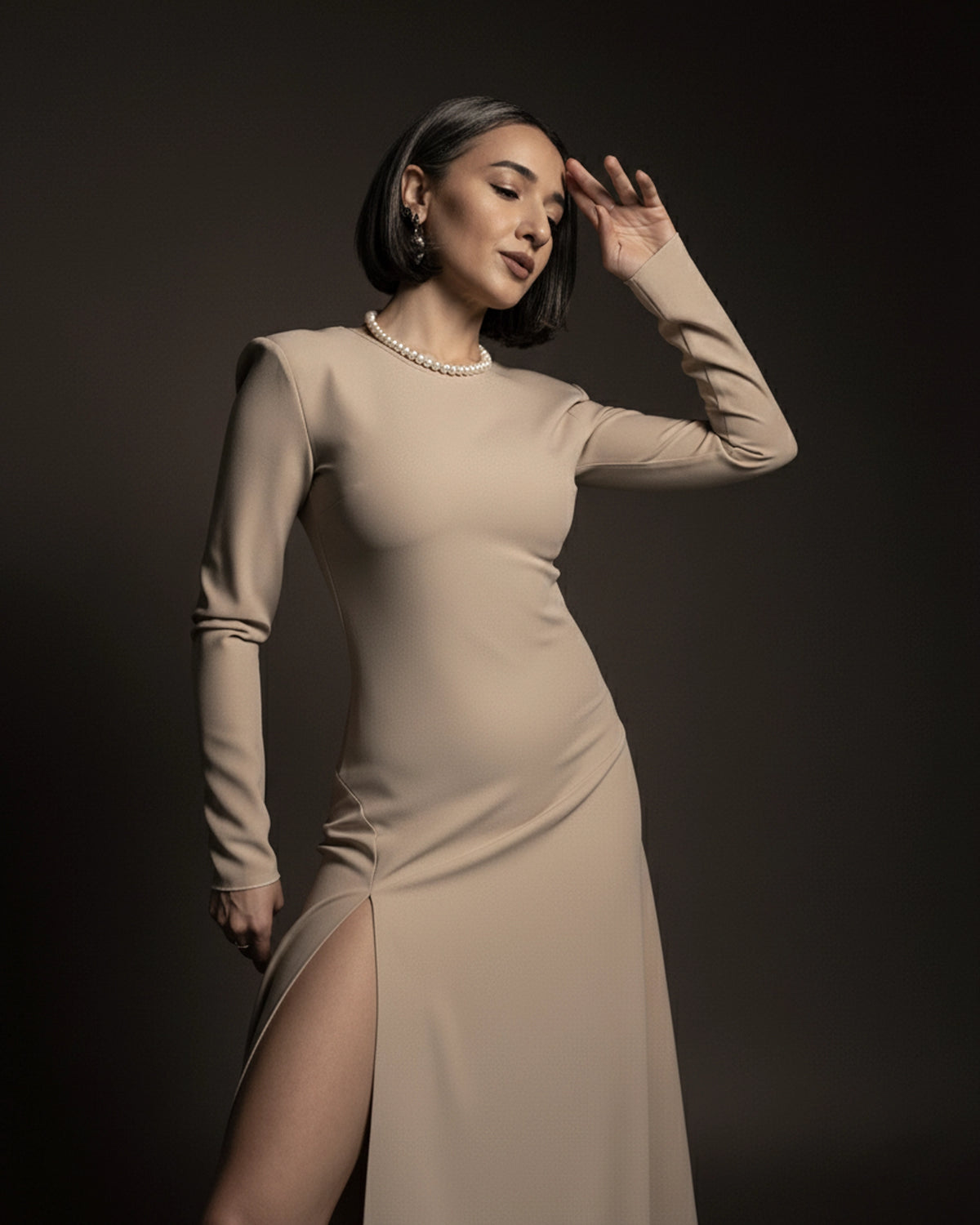 Burcu Aslan Dress SEBE SAND BEIGE DEEP LEG SLIT DRESS