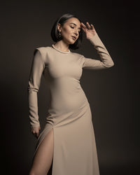 Burcu Aslan Dress SEBE SAND BEIGE DEEP LEG SLIT DRESS