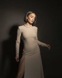Burcu Aslan Dress SEBE SAND BEIGE DEEP LEG SLIT DRESS