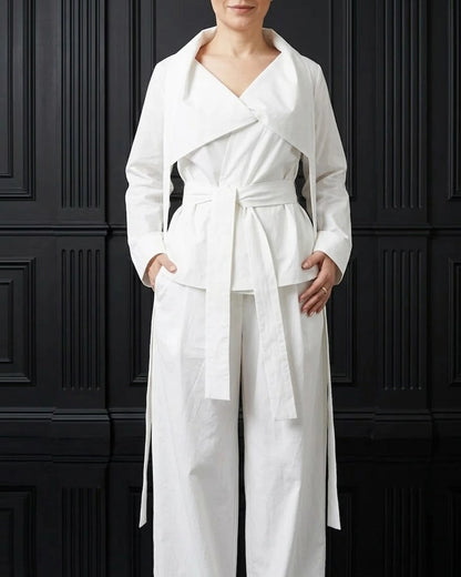 Burcu Aslan TOTAL OUTFIT WHITE, COTTON SET WITH FUNCTIONAL COLLAR (2-PIECE PANTS/SHIRT SET)