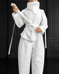 Burcu Aslan TOTAL OUTFIT WHITE, COTTON SET WITH FUNCTIONAL COLLAR (2-PIECE PANTS/SHIRT SET)