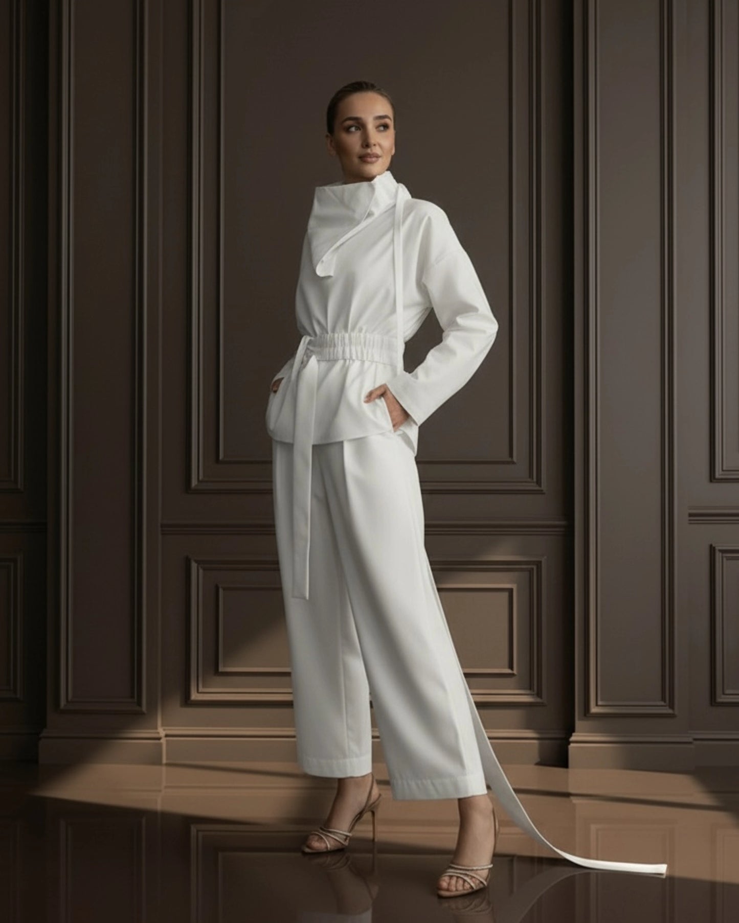 Burcu Aslan TOTAL OUTFIT WHITE, COTTON SET WITH FUNCTIONAL COLLAR (2-PIECE PANTS/SHIRT SET)