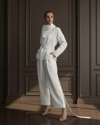 Burcu Aslan TOTAL OUTFIT WHITE, COTTON SET WITH FUNCTIONAL COLLAR (2-PIECE PANTS/SHIRT SET)