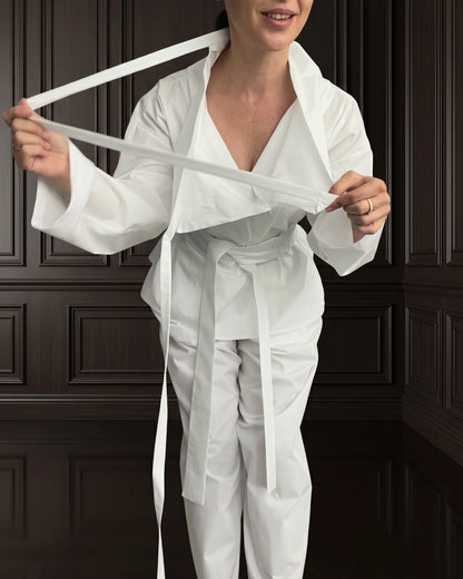 Burcu Aslan TOTAL OUTFIT WHITE, COTTON SET WITH FUNCTIONAL COLLAR (2-PIECE PANTS/SHIRT SET)