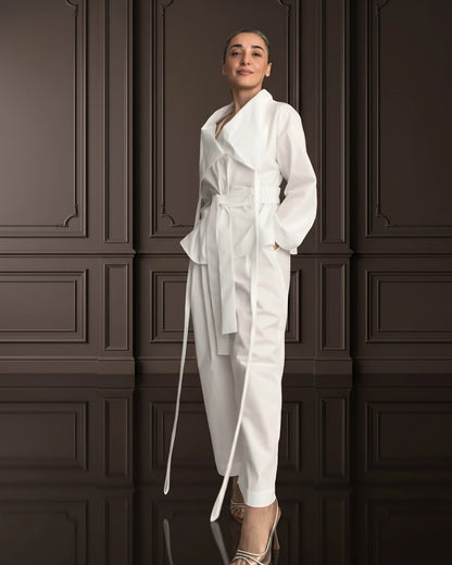 Burcu Aslan TOTAL OUTFIT WHITE, COTTON SET WITH FUNCTIONAL COLLAR (2-PIECE PANTS/SHIRT SET)